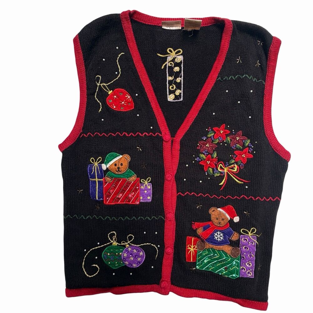 VTG Christmas Sweater Vest Black Teddy Bear Presents Wreath